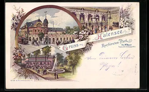 Künstler-AK Berlin-Halensee, Kurfürsten-Park mit Springbrunnen