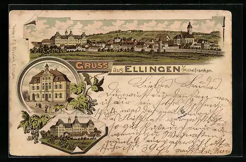 Lithographie Ellingen i. Mittelfranken, Rathaus und Schloss