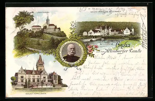 Lithographie Altenburg, Schlösser Froehliche Wiederkunft, Hummelshain, Leuchtenburg, Ernst Herzog von Sachsen-Altenburg