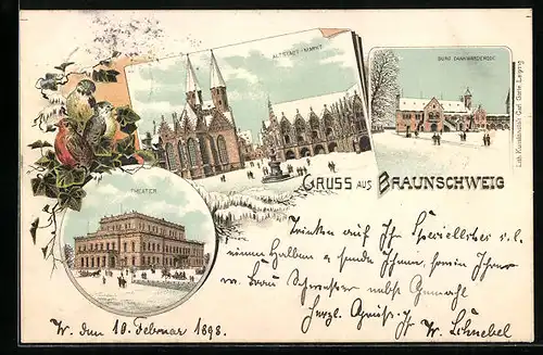 Winter-Lithographie Braunschweig, Altstadt-Markt, Theater, Burg Dankwarderode