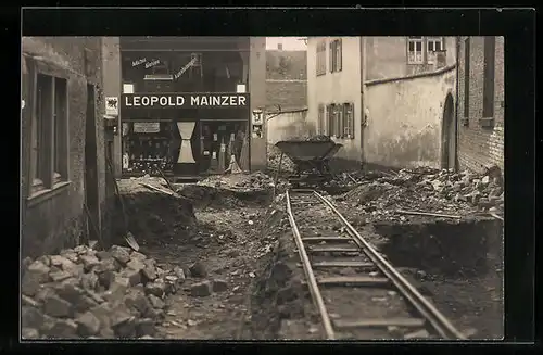 Foto-AK Zwingenberg /Bergstrasse, Unwetterkatastrophe 1928, Möbelhaus Leopold Mainzer