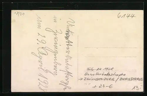 Foto-AK Zwingenberg /Bergstrasse, Unwetterkatastrophe 1928, Möbelhaus Leopold Mainzer
