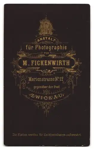 Fotografie M. Fickenwirth, Zwickau, Marienstrasse 12, Herr im Anzug mit pomadisiertem Haar