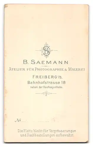 Fotografie B. Saemann, Freiberg i./S., Bahnhofstr. 18, Junger Knabe im Anzug mit Fliege