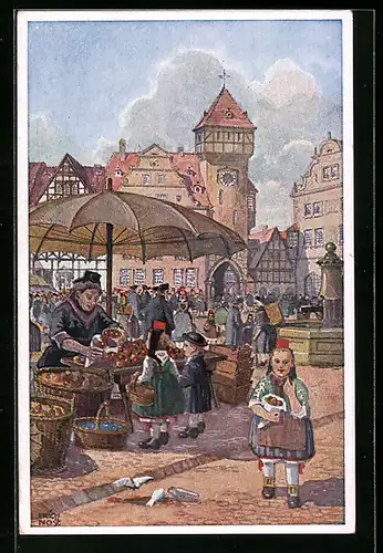 AK Kinder auf dem Markt in hessischer Tracht