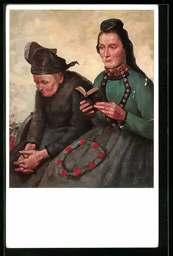 Künstler-AK Andacht, K. Mons, hessische Tracht