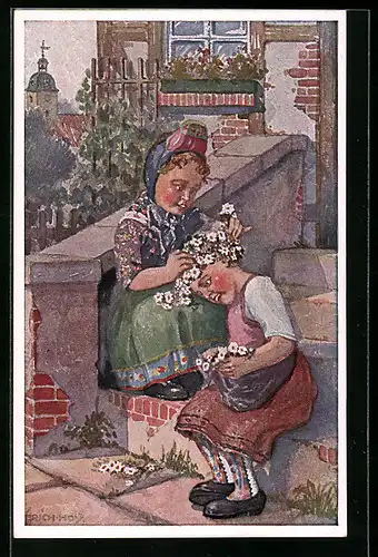 Künstler-AK Kinder flechten Blumenschmuck, hessische Tracht