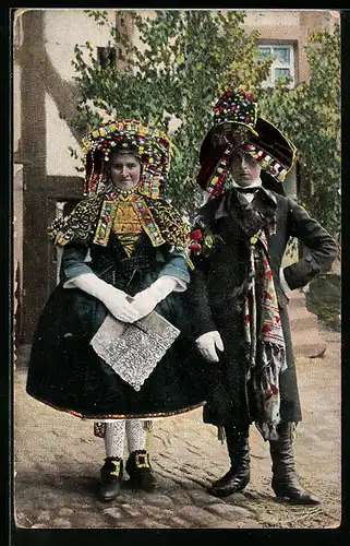 AK Schwälmer Brautpaar, hessische Tracht