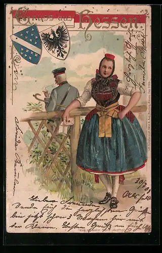 Lithographie Frau mit Brief in hessischer Tracht, Wappen