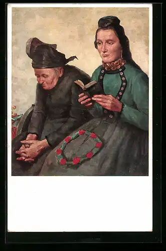 Künstler-AK K. Mons, Andacht, hessische Tracht