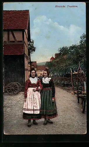 AK Junge Mädchen vor dem Haus in hessischer Tracht