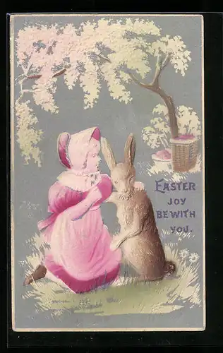 AK Mädchen umarmt Osterhasen