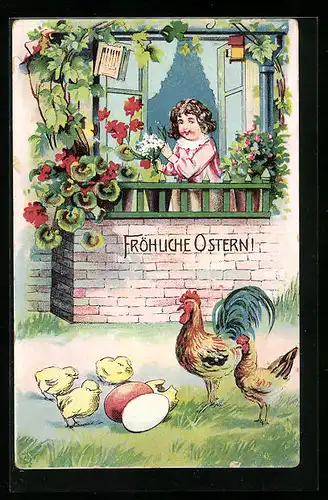 AK Mädchen beobachtet Osterküken