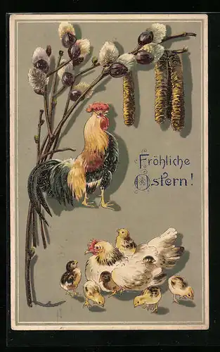 AK Hahn und Osterküken mit Palmkätzchenzweigen