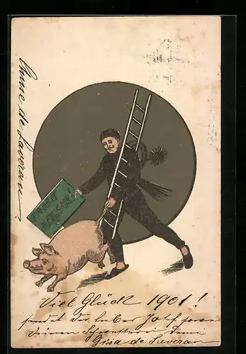 AK Schornsteinfeger mit Leiter und Glücksschwein