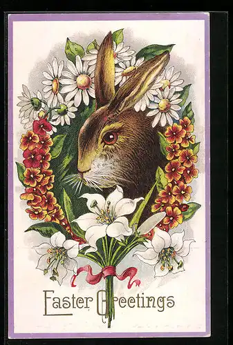 AK Osterhase mit Blütenkranz