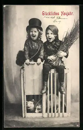 AK Kinder als Schornsteinfeger verkleidet auf einem Schweinekäfig
