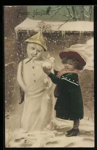 AK Mädchen baut einen Schneemann