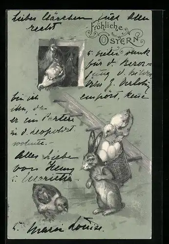 AK Osterhase mit Korb und Küken