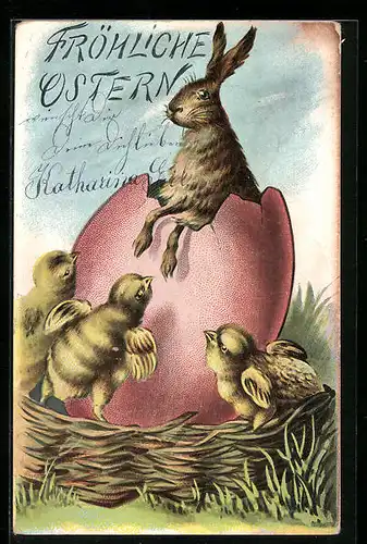 AK Osterhase schlüpft aus dem Osterei