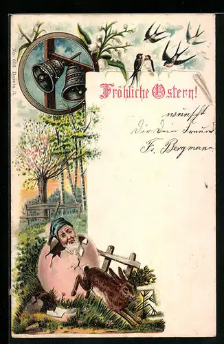 AK Zwerg guckt aus einer Eierschale und beobachtet Osterhasen