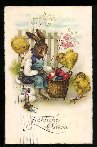 AK Osterhase mit Korb voller Eiern, Osterküken