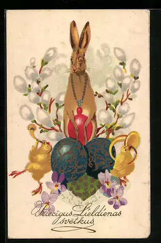 AK Osterhase mit Ostereiern und Osterküken