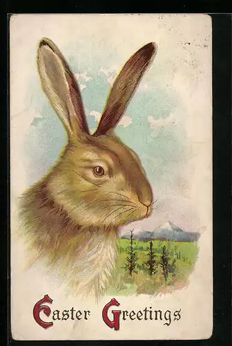 AK Osterhase in idyllischer Landschaft