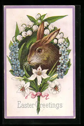AK Osterhase guckt durch einen Blumenkranz