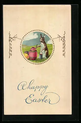 AK Osterhase bemalt ein Ei
