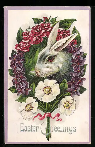 AK Osterhase mit Rosenblüten