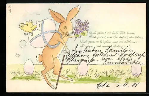 AK Osterhase mit Osterküken