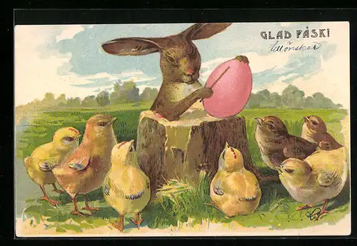 AK Osterhase zeigt Küken Osterei