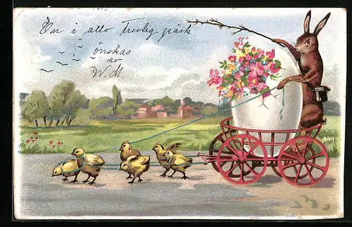 AK Osterhase fährt in einer Kutsche, die von Osterküken gezogen wird