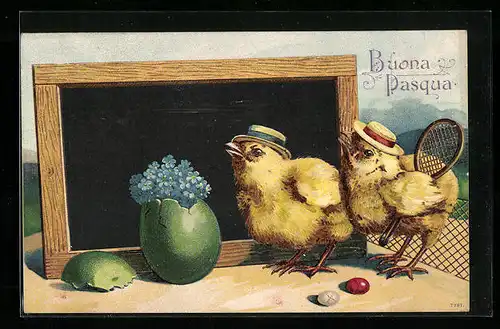 AK Osterküken an der Schultafel