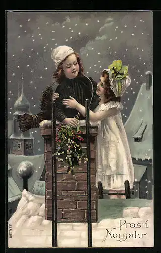 AK Schornsteinfeger und Mädchen auf dem Dach bei Schneefall