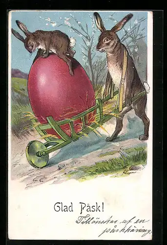 AK Osterhase auf dem Osterei, Karren