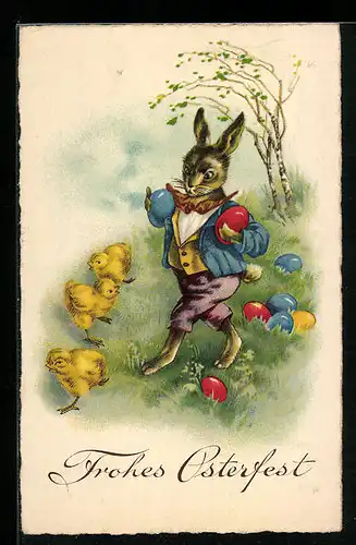 AK Osterhase und Küken im Grünen