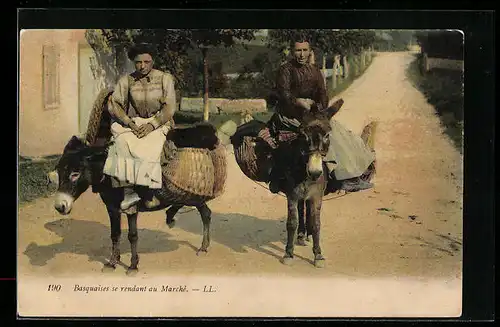 AK Basques se rendant au Marché, Händlerinnen auf Eseln
