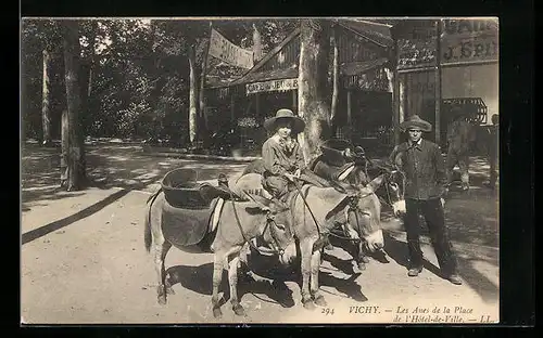 AK Vichy, Les Anes de la Place de l`Hôtel-de-Ville, Ausflugsesel