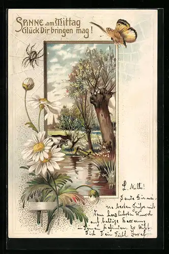 Passepartout-Lithographie Sommer-Idylle, Blumen, Schmetterling und Spinne am Mittag