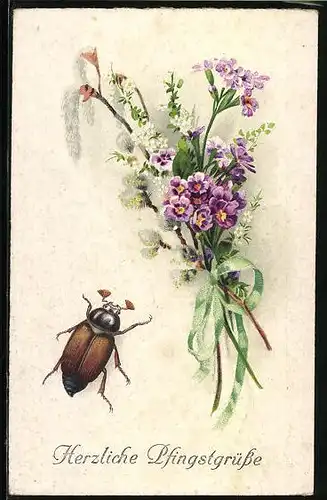 AK Maikäfer und Blumenstrauss mit Weidenkätzchen, Pfingstgruss