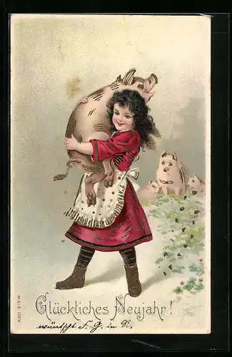 Lithographie Lächelndes Mädchen mit Schwein auf dem Arm, Neujahrsgruss