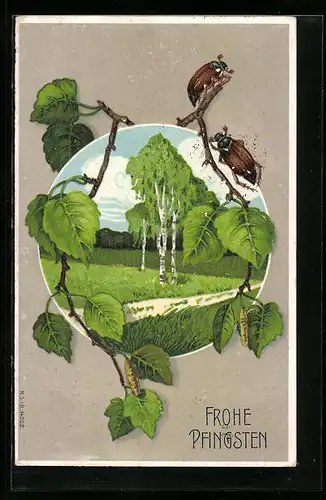 AK Grüne Landschaft und zwei Maikäfer auf Birkenblättern, Pfingstgruss
