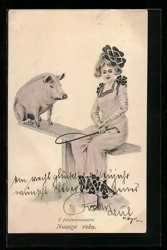 AK Junge Dame mit Peitsche und Schwein auf einer Bank