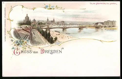 Lithographie Dresden, Ortsansicht von der Albertbrücke aus