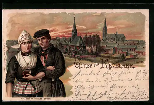 Lithographie Kevelaer, Ortsansicht aus der Vogelschau, Holländer Pilger-Typen, Tracht