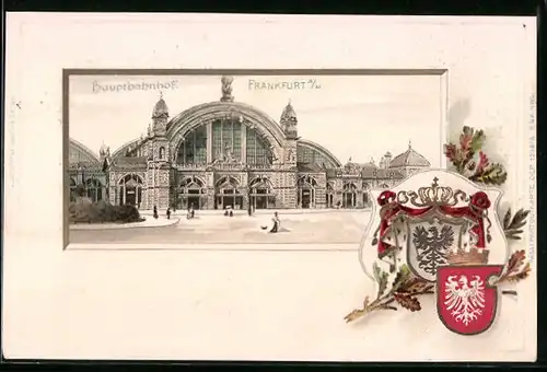 Lithographie Frankfurt a. M., Blick auf den Hauptbahnhof, Wappen