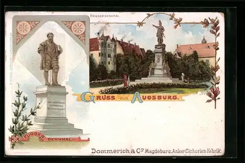 Lithographie Augsburg, Krieger-Denkmal, Fugger-Denkmal