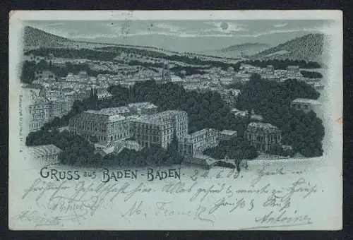 Mondschein-Lithographie Baden-Baden, Ortsansicht aus der Vogelschau